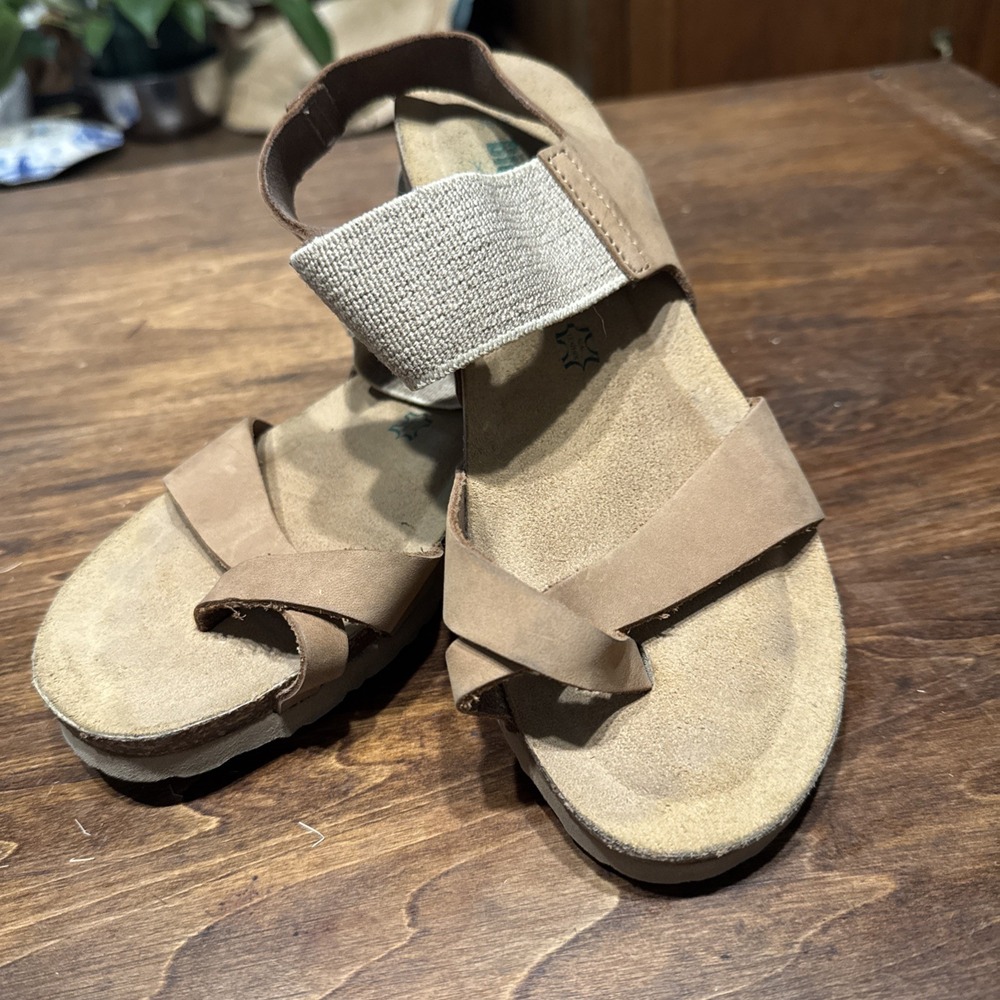 ITALY BioNatura Solo Nubuck Suede Cork Wedge Sandals Taupe Size 7 / EU 38